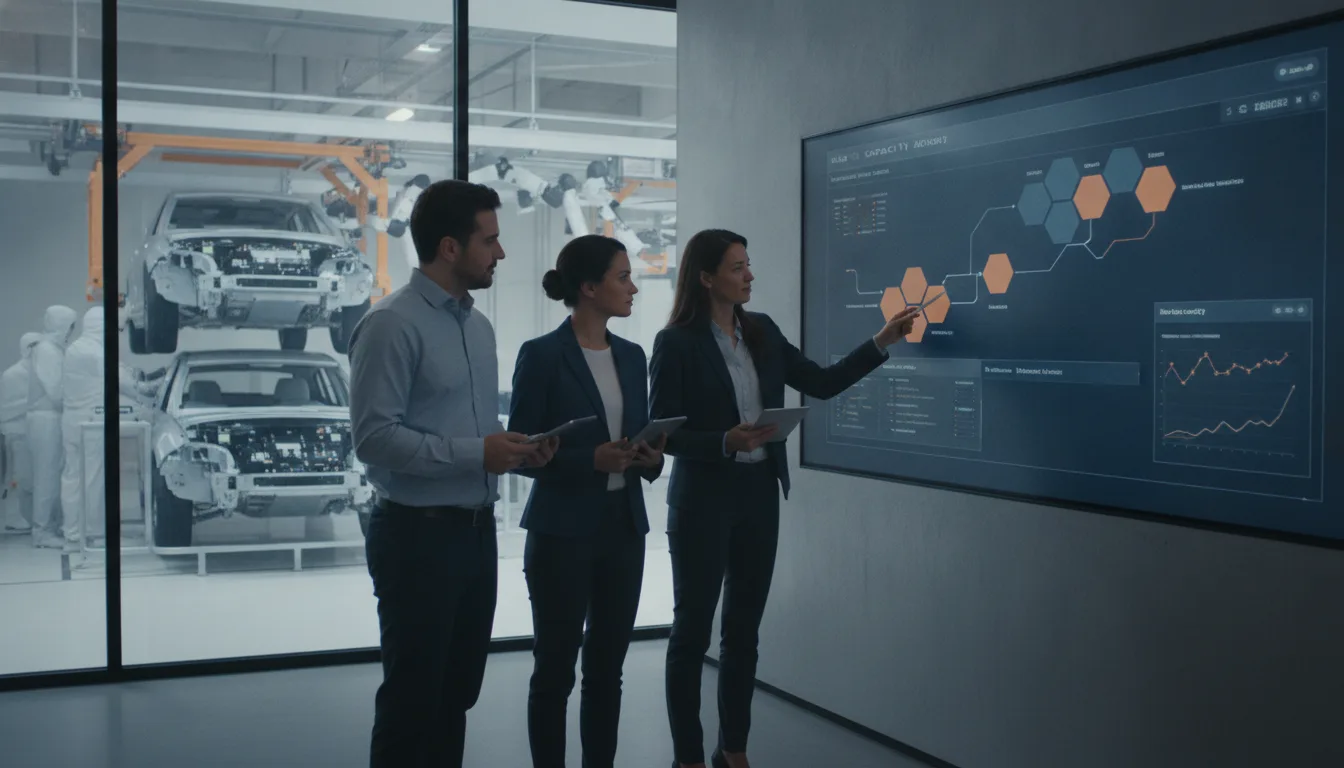 Revenue planners review sales capacity visuals beside an electric vehicle manufacturing floor.