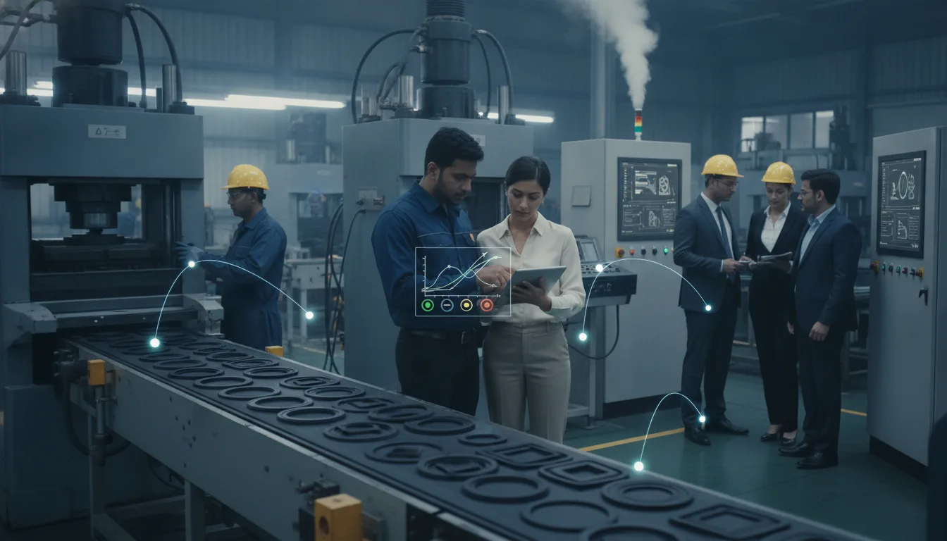 Factory managers review a break-even planning chart beside a rubber component production line.