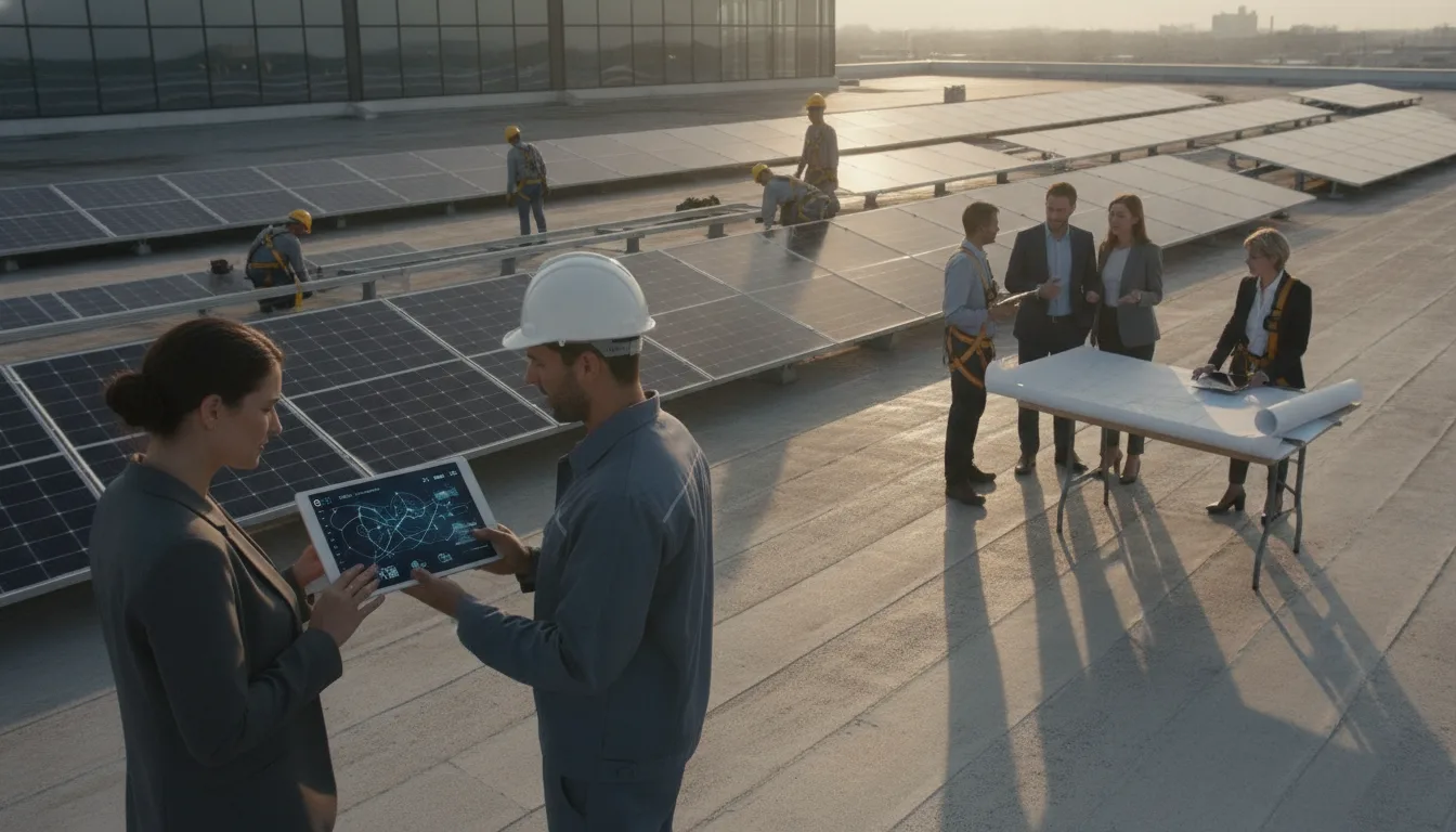 Solar sales and operations leaders review planning data beside an active commercial rooftop installation.