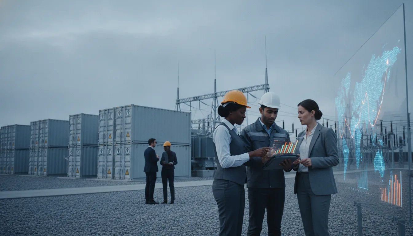 Revenue leaders review pipeline planning visuals beside a utility-scale battery energy storage project.