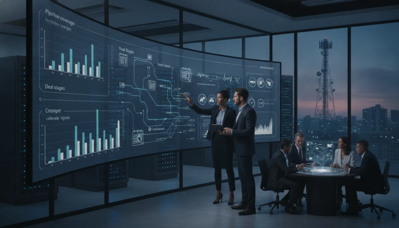 Telecom revenue leaders review pipeline planning data in a network operations office.