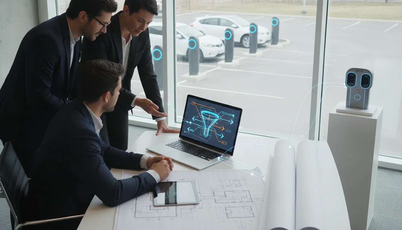Revenue team reviewing EV charging deal progression alongside a commercial charging site.