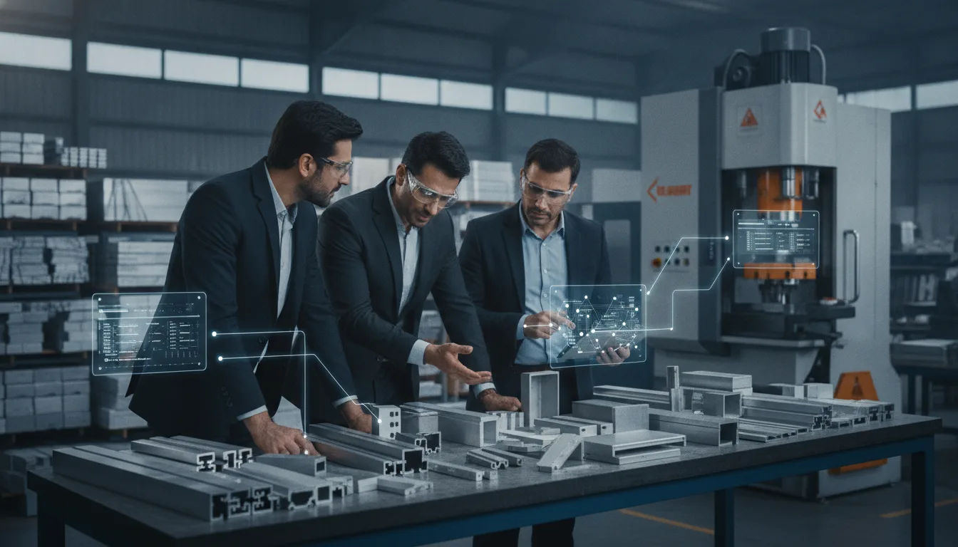 Sales and engineering teams review aluminium samples with an industrial buyer in a manufacturing facility.