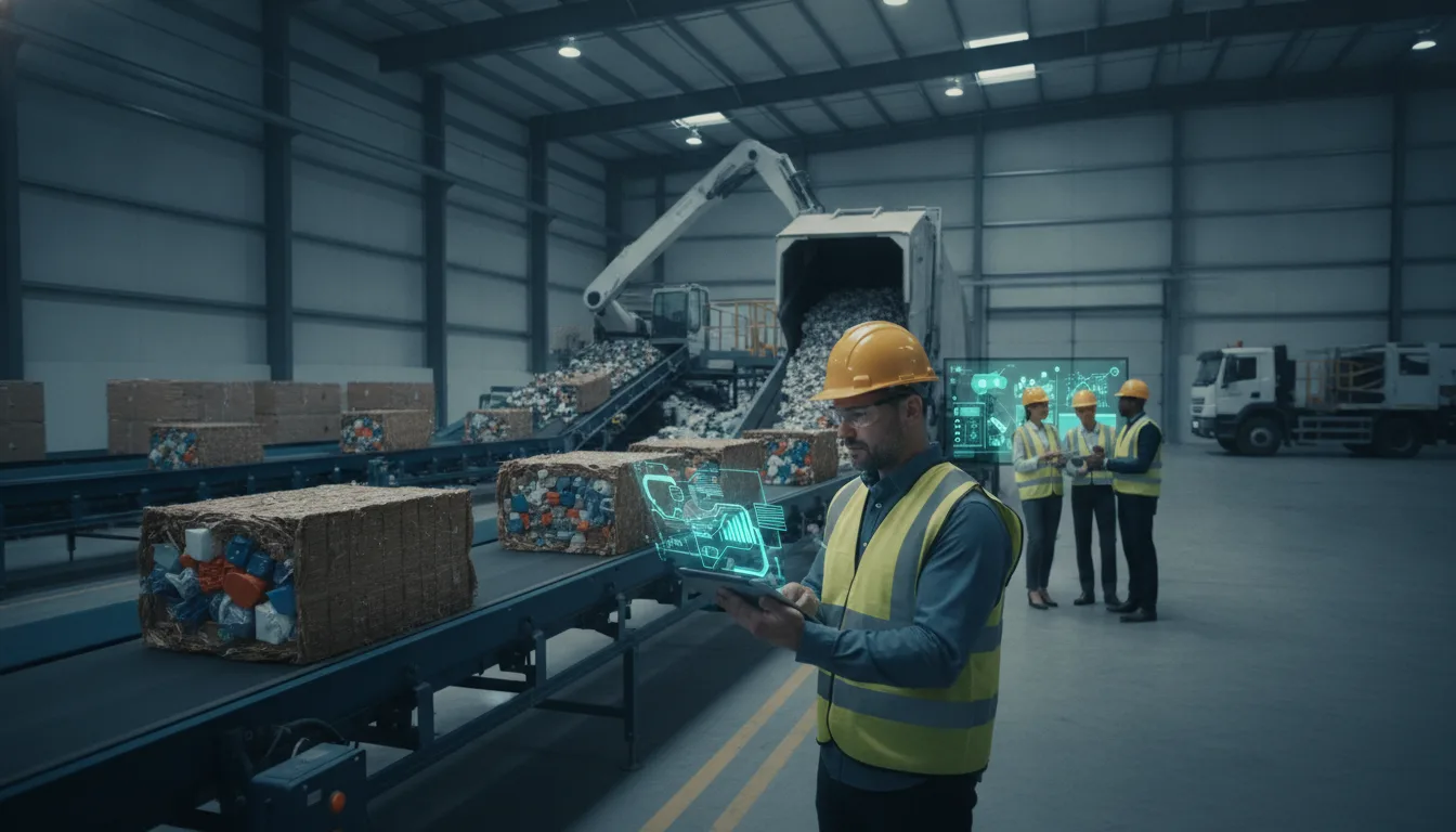 Recycling operations manager reviewing costs beside a sorting line and collected materials.