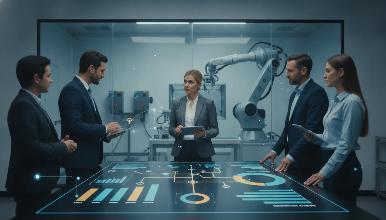 Robotics leaders review a commercial investment planning dashboard beside an industrial robot.