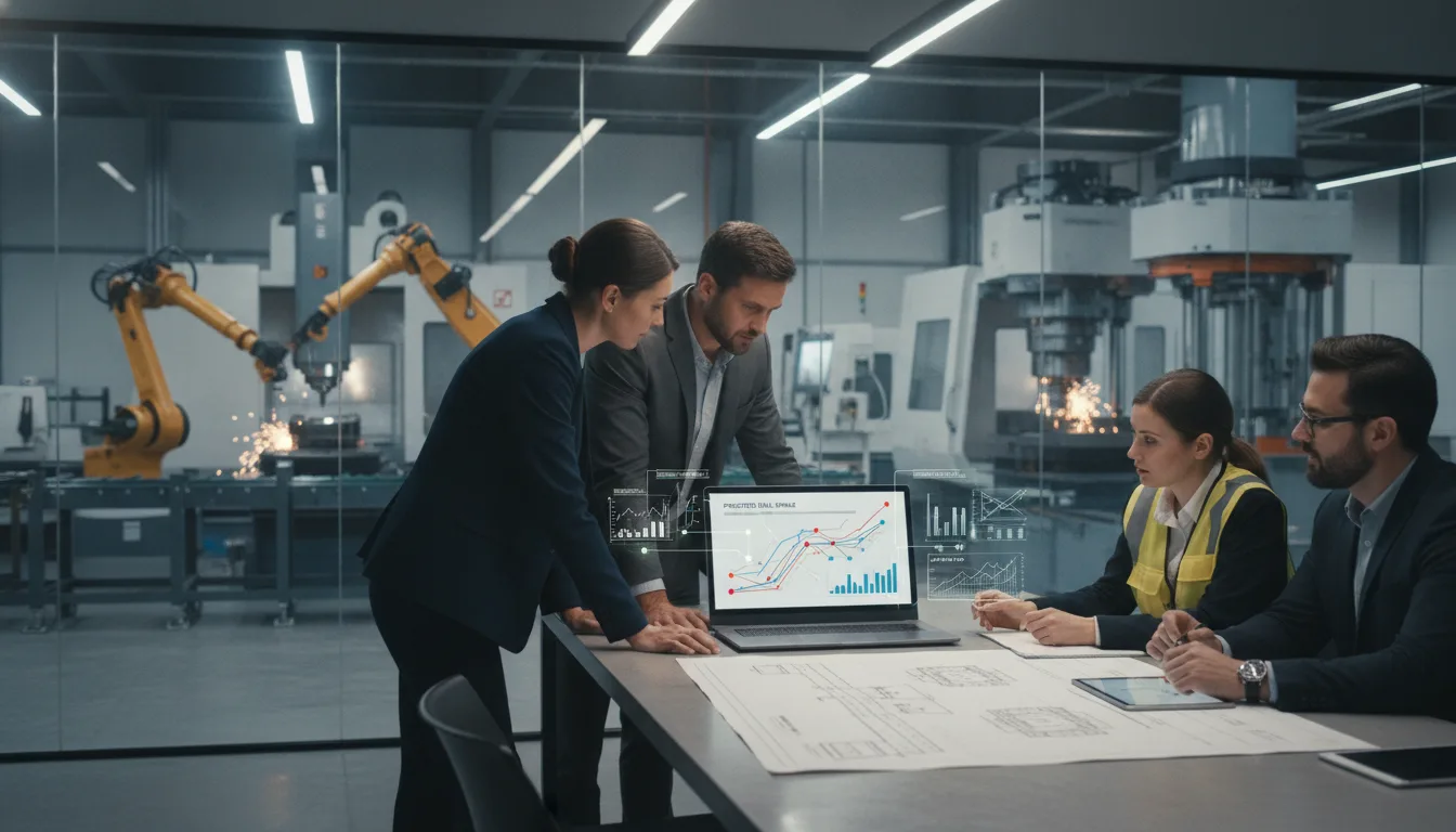 Sales and procurement leaders review equipment opportunities beside an industrial production floor.