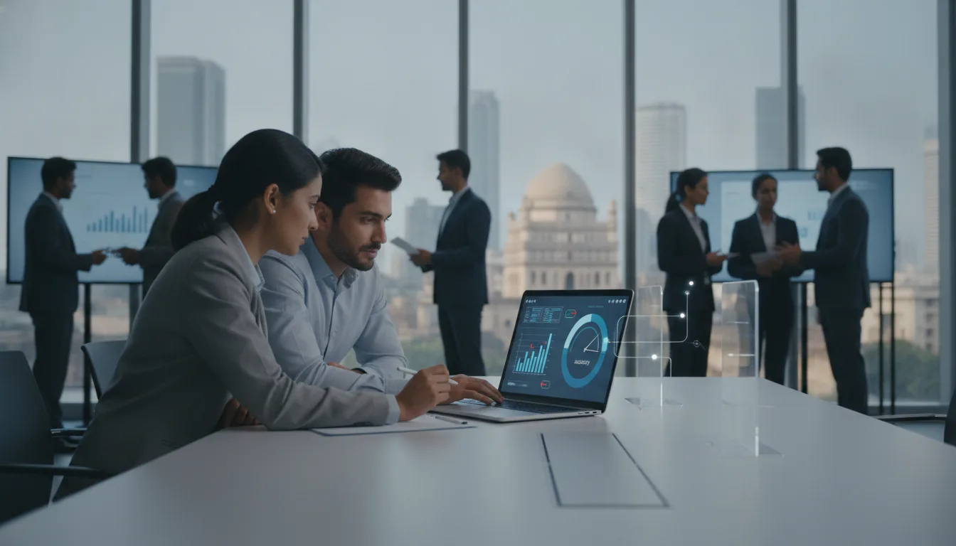 IT sales leaders review a visual revenue forecast accuracy calculator in a Hyderabad office.