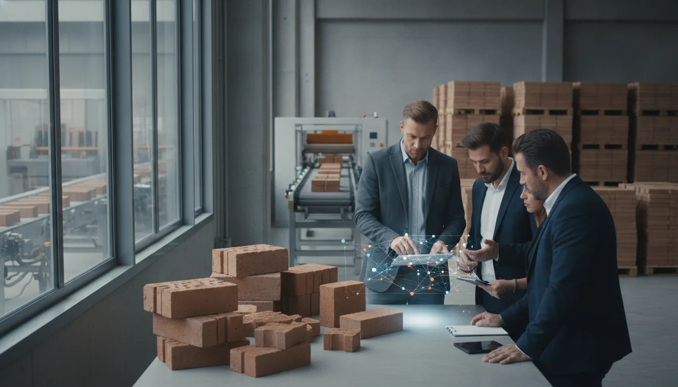Sales and operations leaders review capacity planning beside brick inventory in a manufacturing plant.