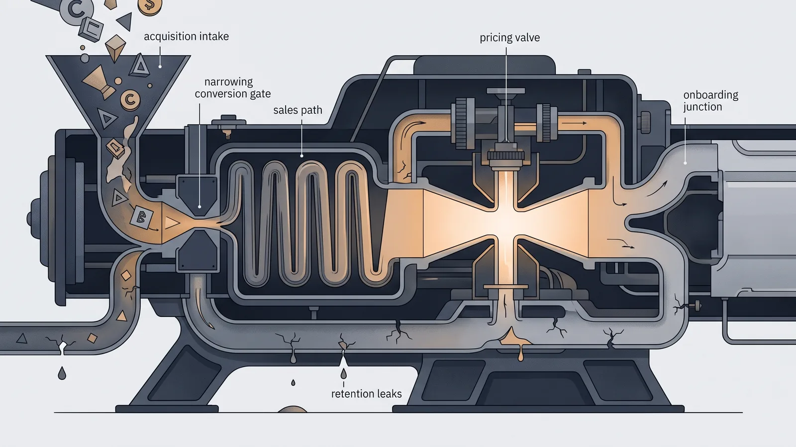 A cutaway revenue engine reveals several connected bottlenecks behind slow CAC payback.