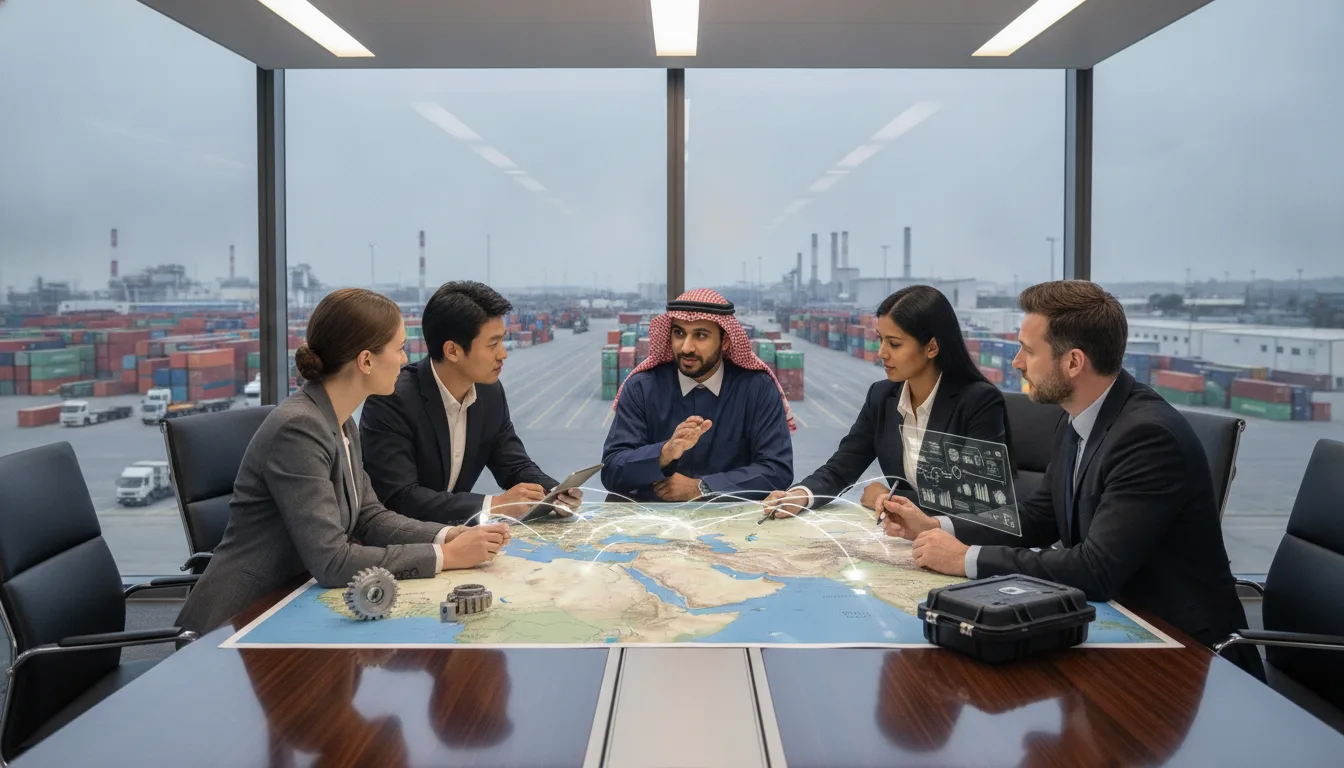 Industrial export team and regional representative plan market entry beside a port and logistics hub.