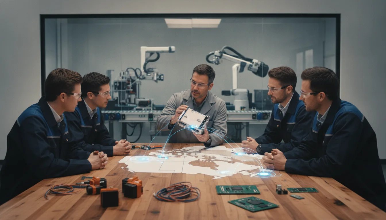 Manufacturer and distributor teams review industrial electronics during a channel onboarding session.