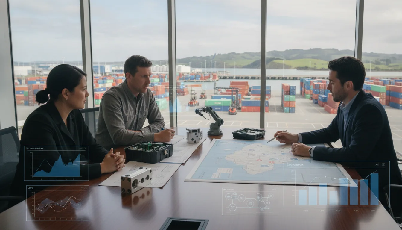 Manufacturing team reviews product and customer plans while assessing a New Zealand market opportunity.