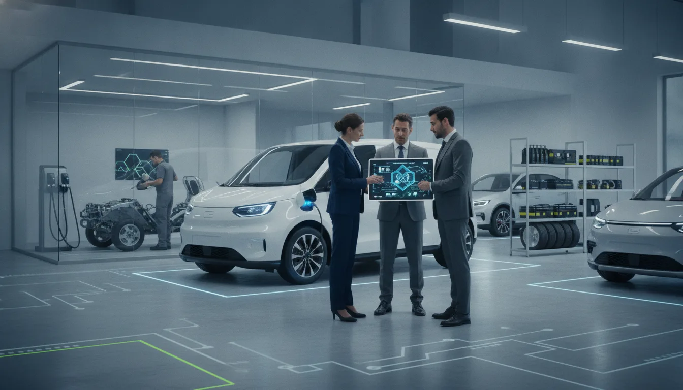 Manufacturer and distributor team review EV sales, service and inventory performance in an Italian showroom.