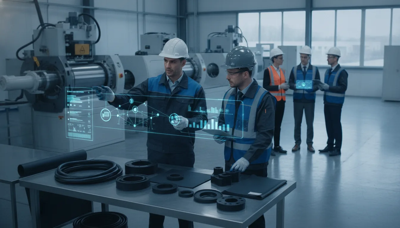 Manufacturer and prospective dealer review industrial rubber components in a production facility.