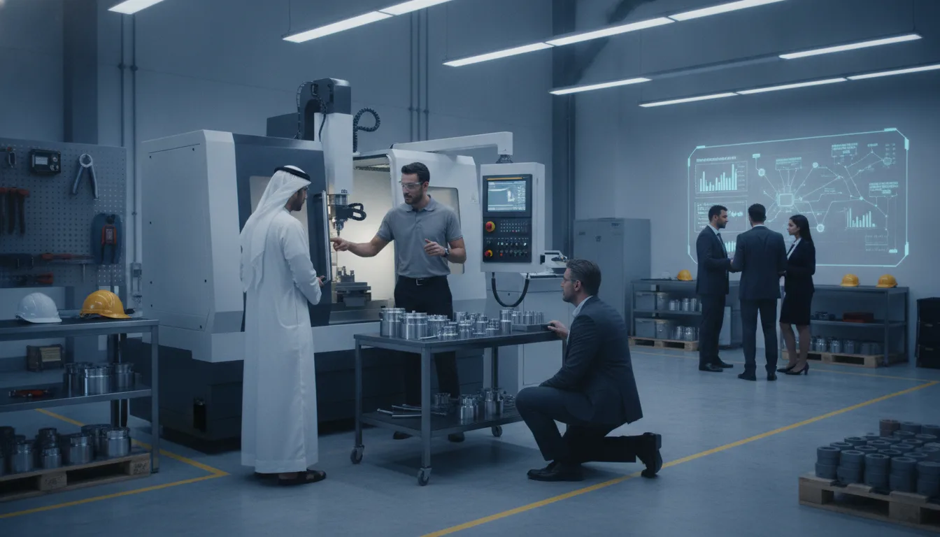Applications engineer demonstrates CNC automation equipment to prospective industrial buyers in a Gulf workshop.