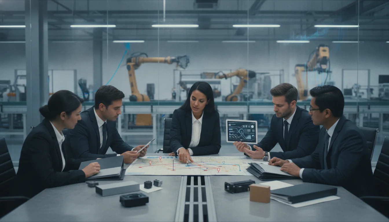 International and Indian business teams assess market-entry plans beside a manufacturing facility.