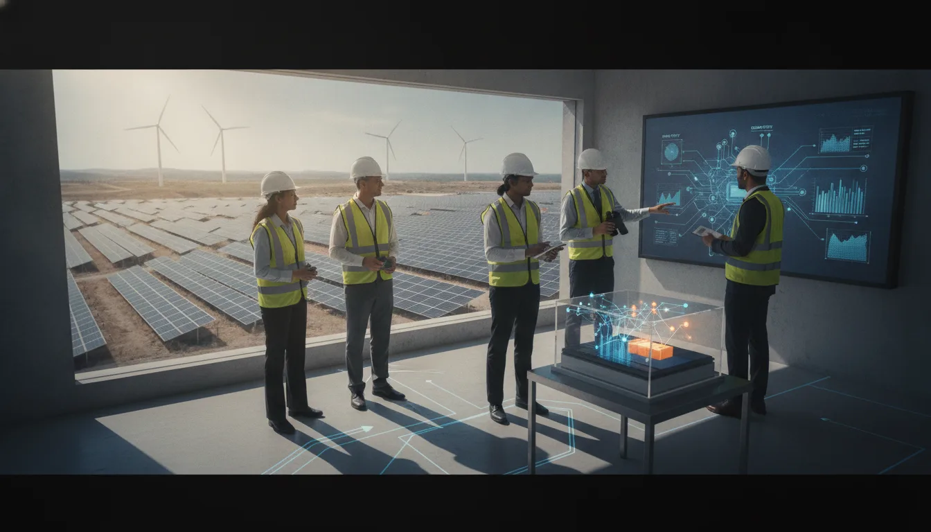 Indian and international executives assess a solar and wind energy site for market entry planning.