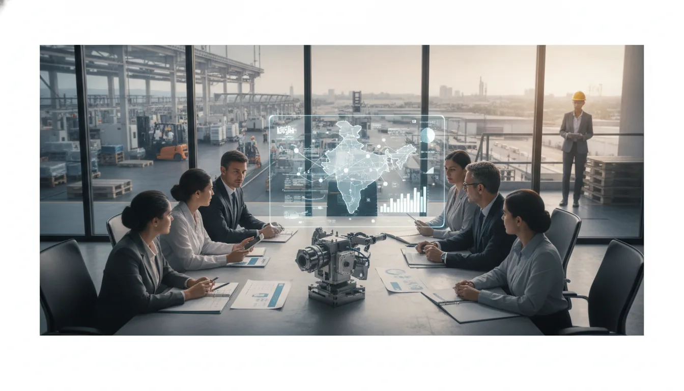 Business and technical leaders assess an industrial product opportunity in an Indian manufacturing setting.