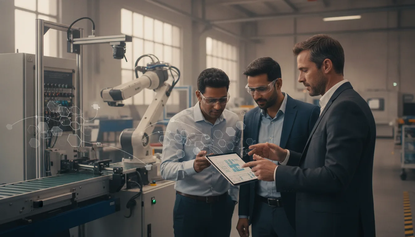 French and Indian manufacturing professionals review automation equipment on a factory floor.
