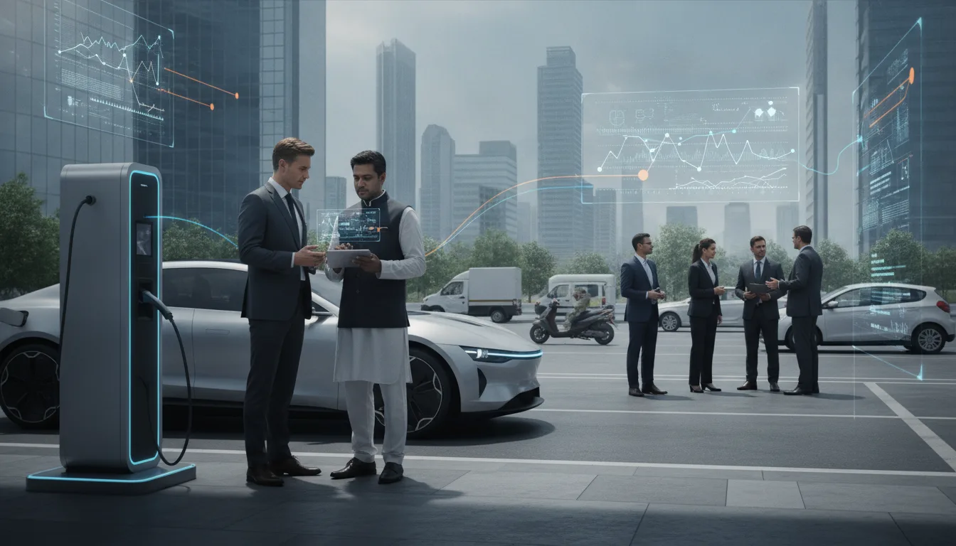 German and Indian EV professionals assess a vehicle, charging access, and urban market conditions.