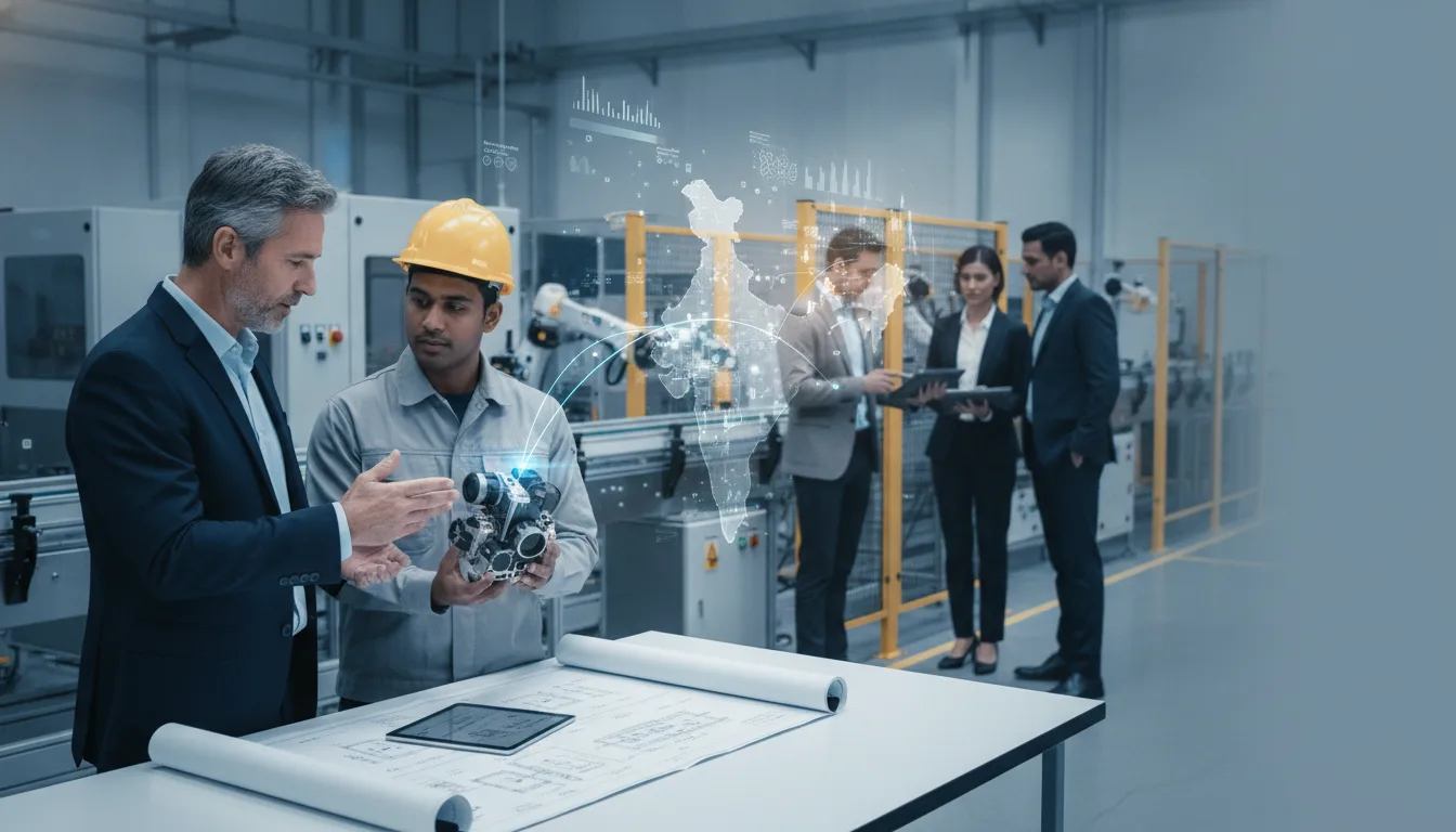 New Zealand supplier and Indian engineer discuss industrial equipment in a modern manufacturing plant.