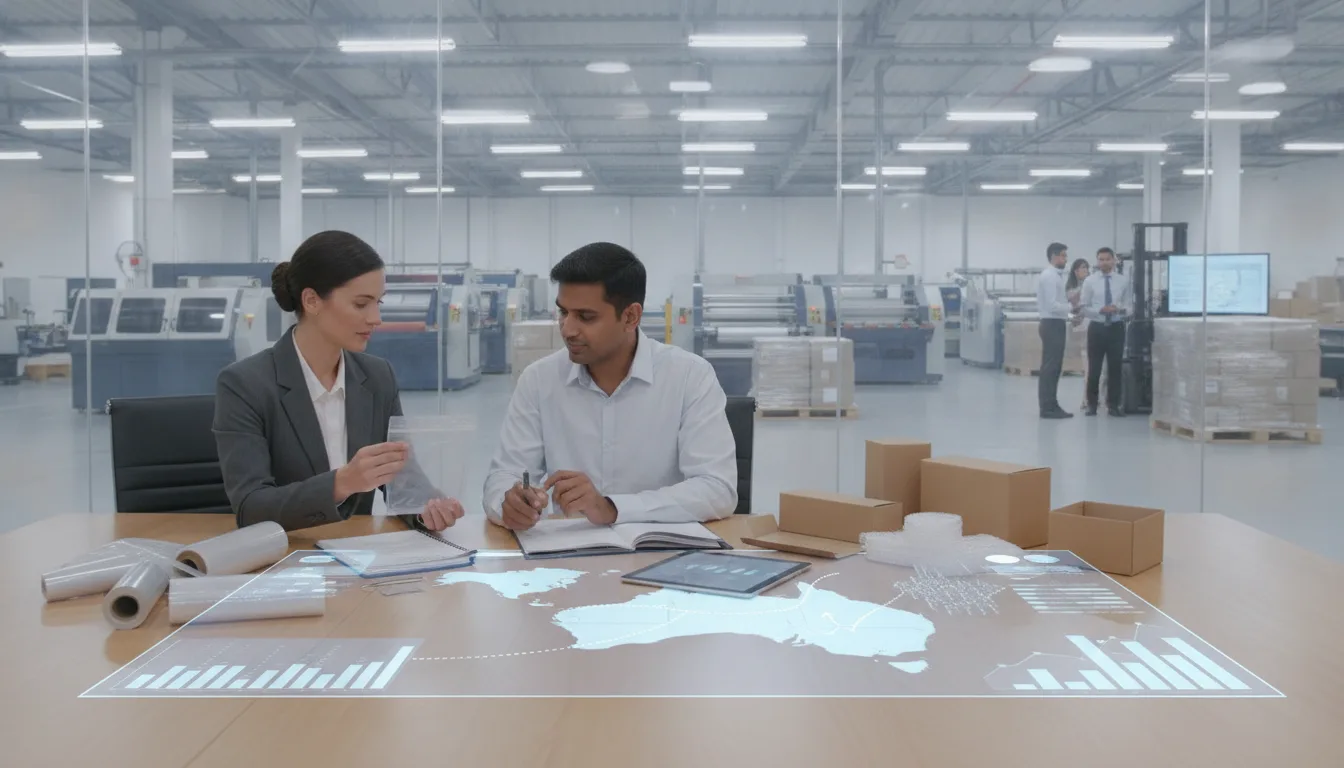Packaging executives review materials and market plans in a manufacturing setting.