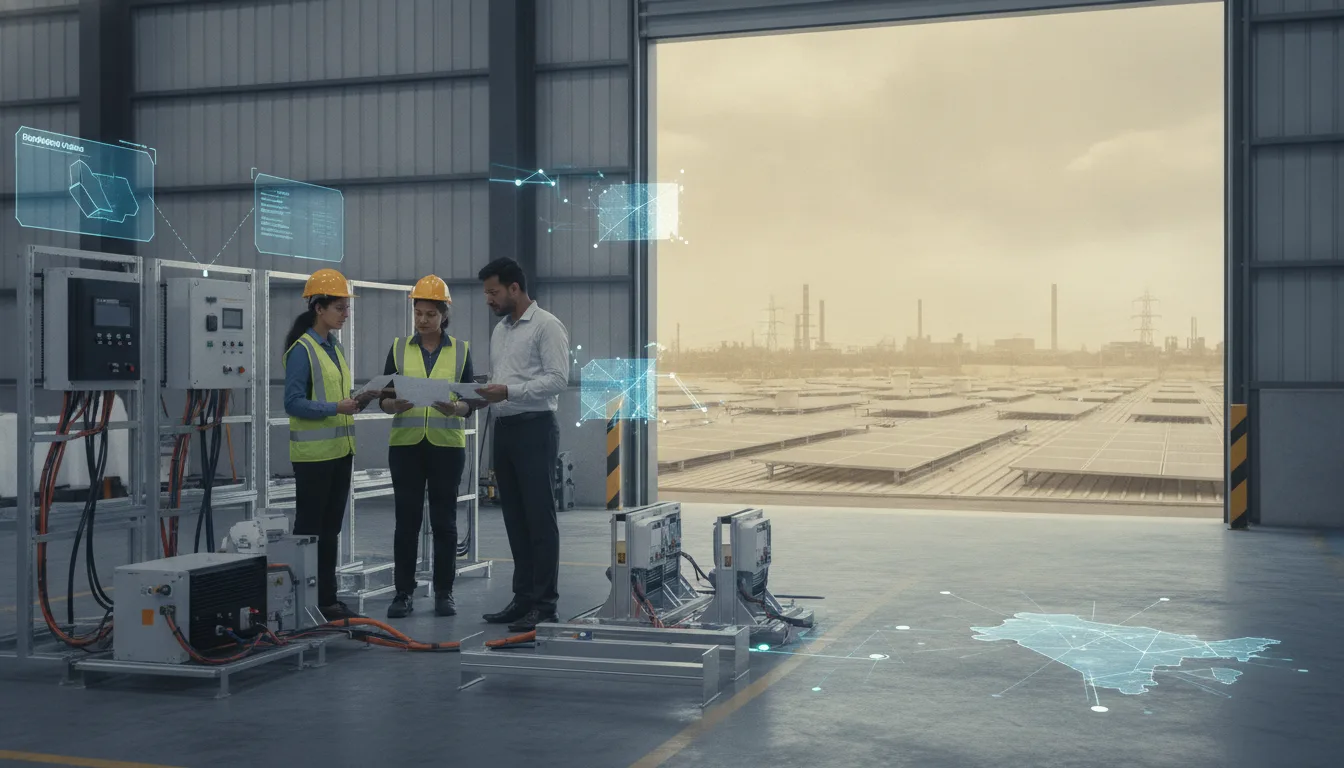 Renewable-energy professionals review solar equipment in an industrial warehouse serving Gujarat buyers.