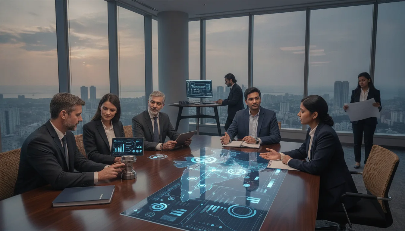 British and Indian business professionals review an industrial market-entry plan in a Mumbai office.