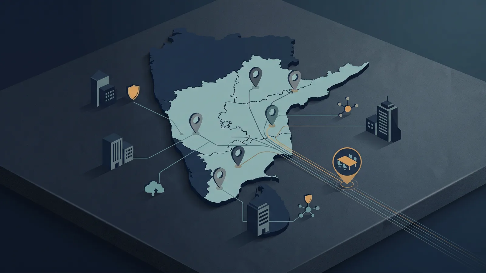 Regional account map connecting cybersecurity target accounts and stakeholders to a planned sales meeting.