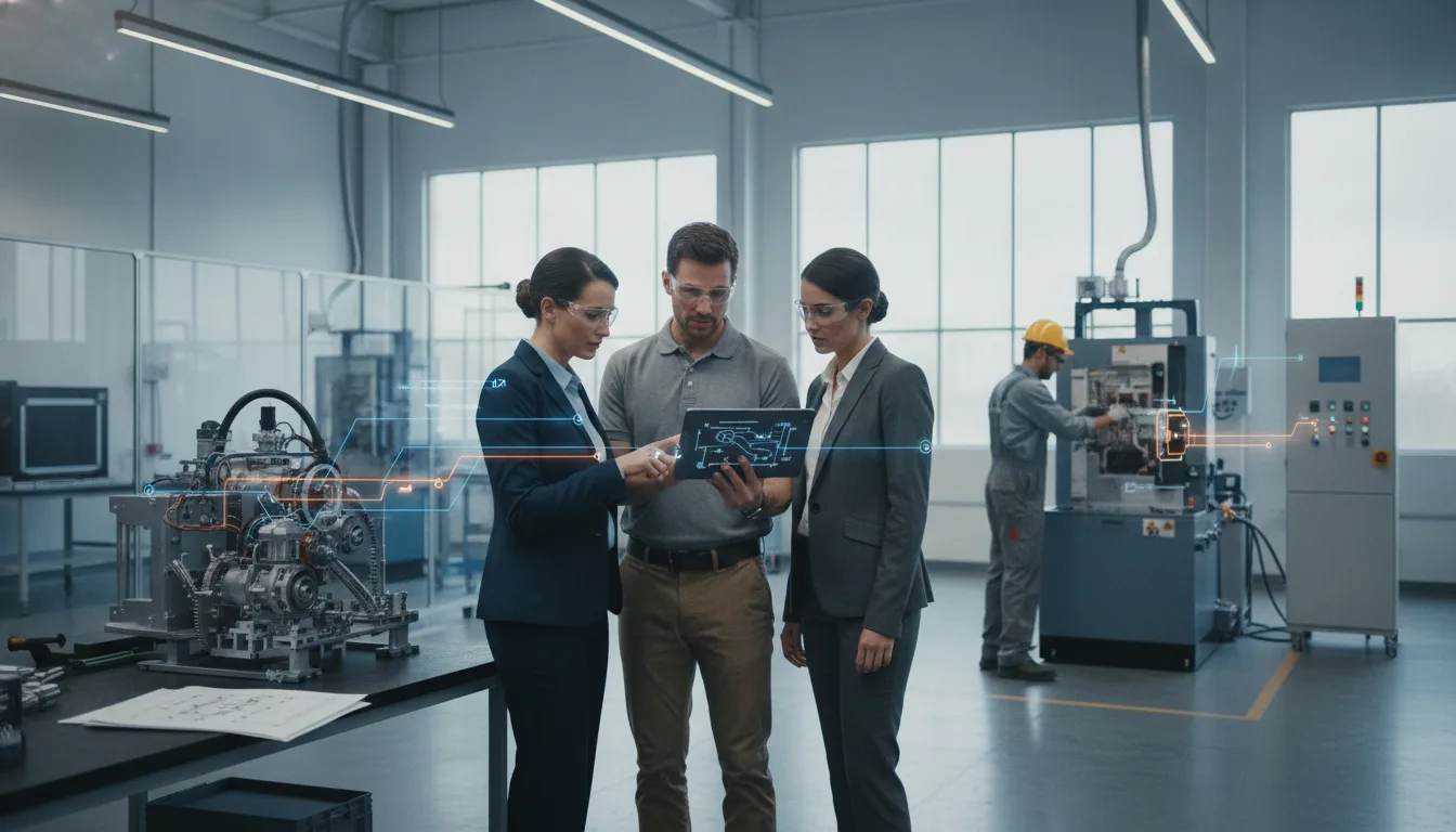 Sales and engineering colleagues review a customer opportunity beside industrial equipment.