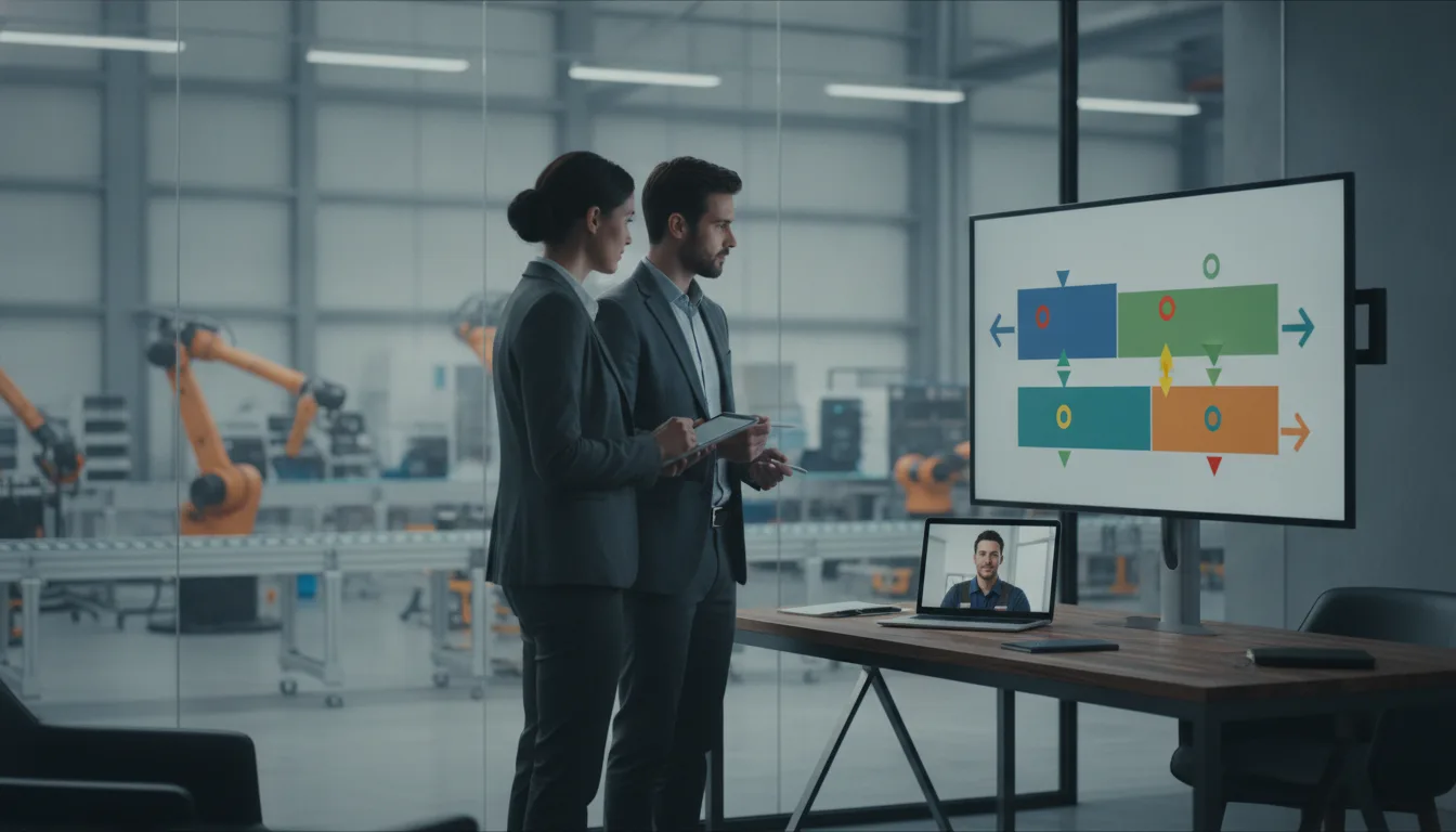 Industrial sales team reviews pipeline status and follow-up activity on a dashboard.