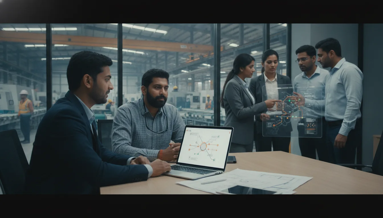 Sales consultant and manufacturing manager planning a buyer meeting in an industrial facility office.