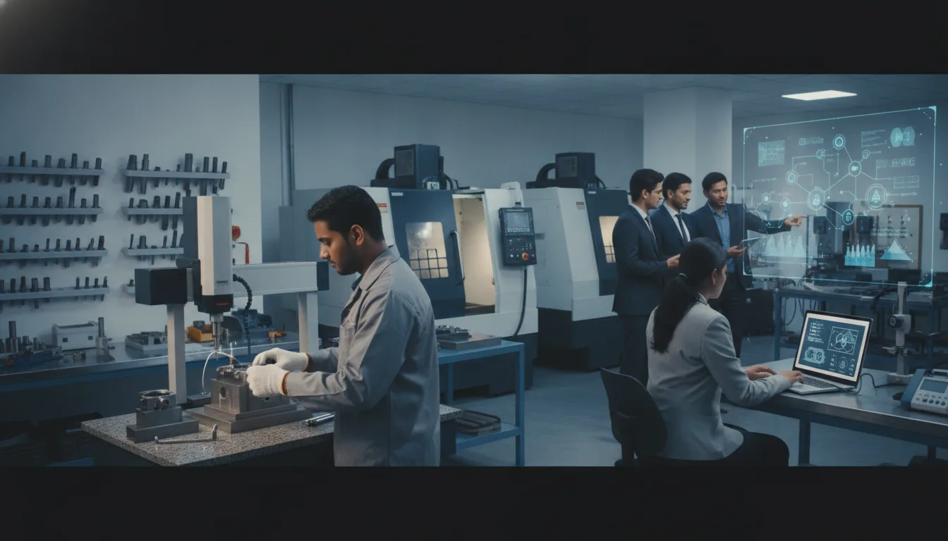Engineer and buyer review a precision die component, inspection equipment, and technical drawings in a toolroom.