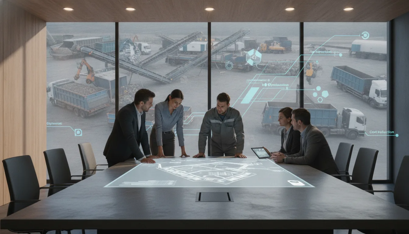Commercial team and waste operator discuss equipment plans beside a recycling facility.