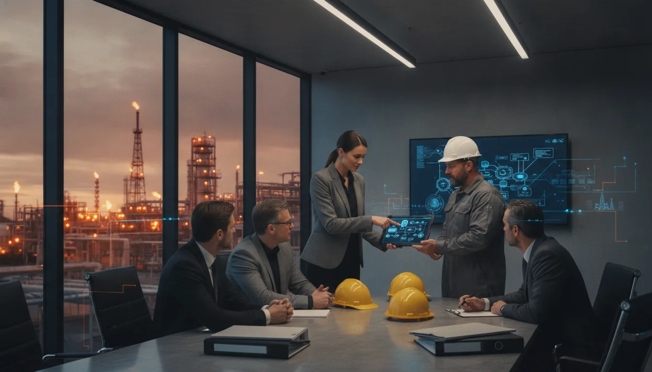 Business professionals review oil and gas asset information during a targeted sales meeting.