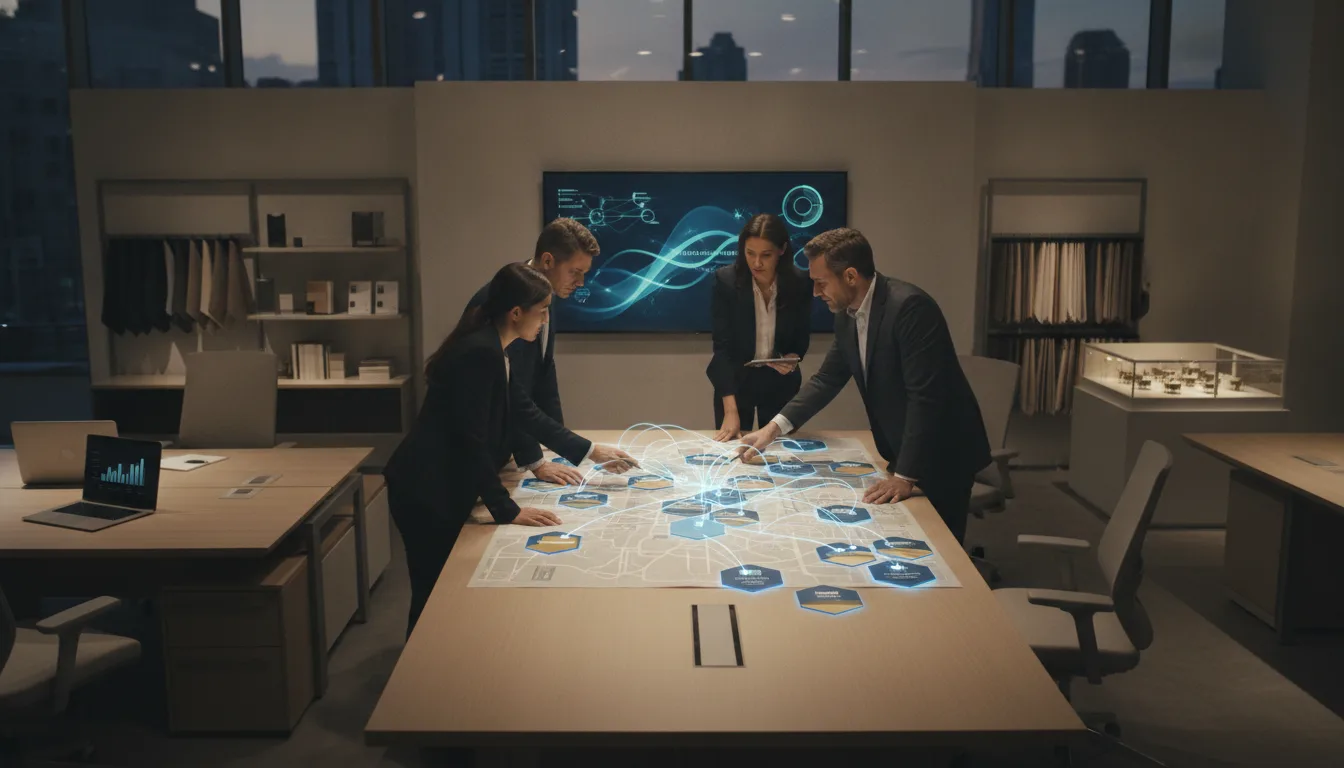 Sales team maps prospective buyer accounts in a furniture showroom.
