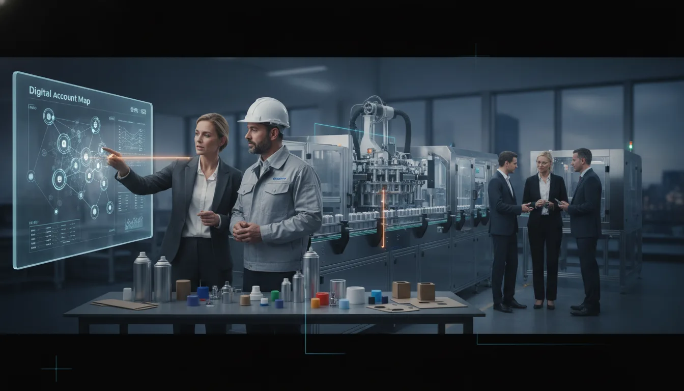 Business team reviews target accounts beside an aerosol filling line and product packaging samples.