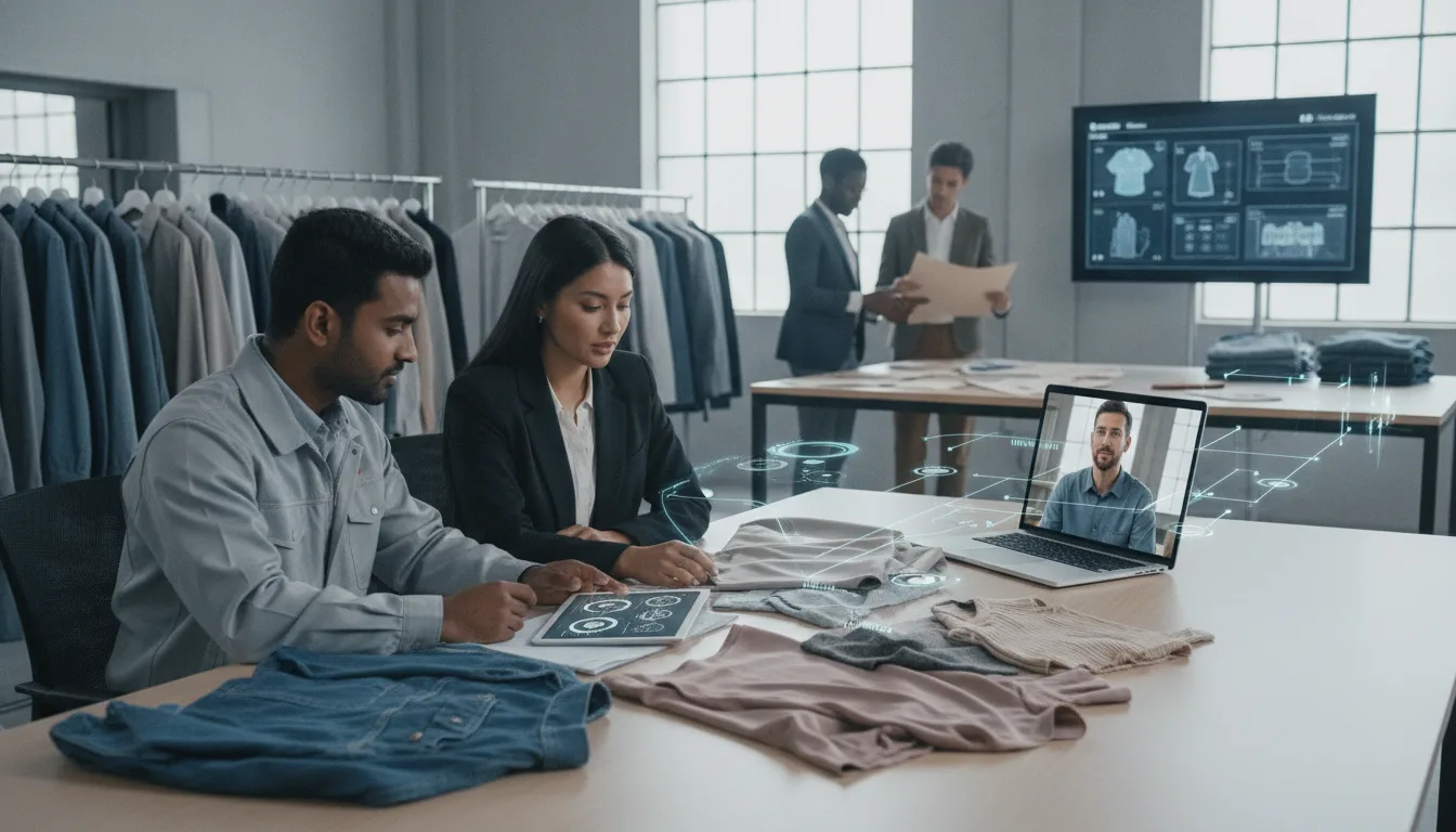 Apparel manufacturer reviews samples and prospective business buyers during a sales planning meeting.