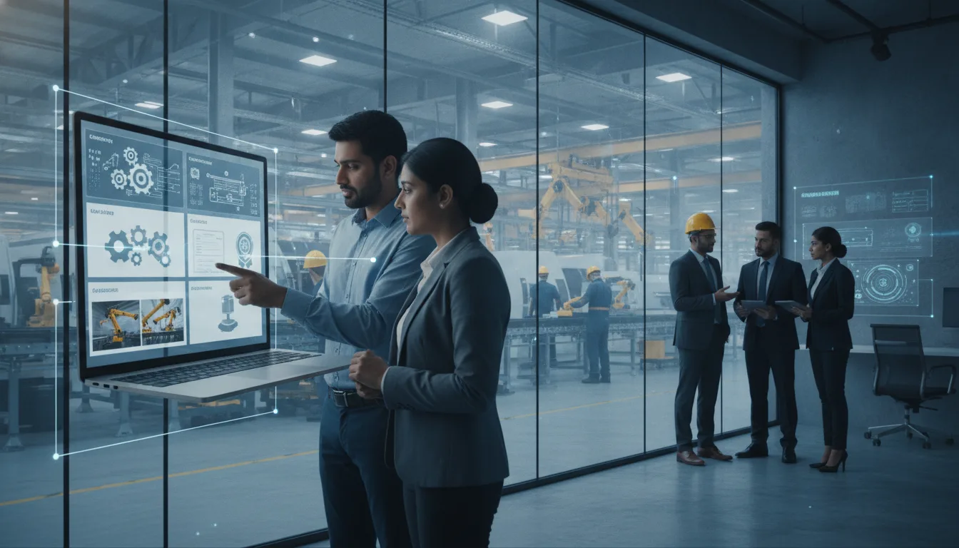 Engineer and buyer reviewing a digital supplier profile in an industrial office.