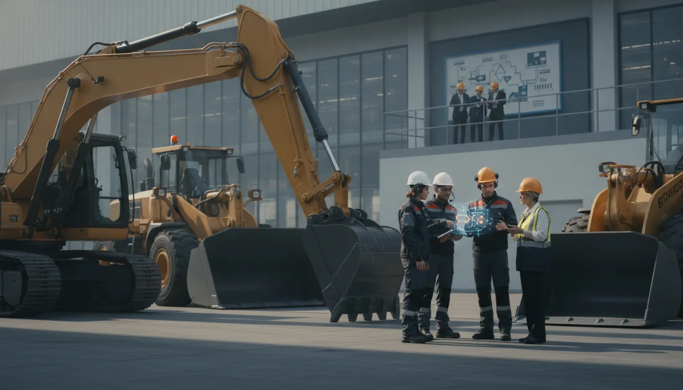 Commercial team maps priority buyers beside heavy equipment at an industrial manufacturing site.