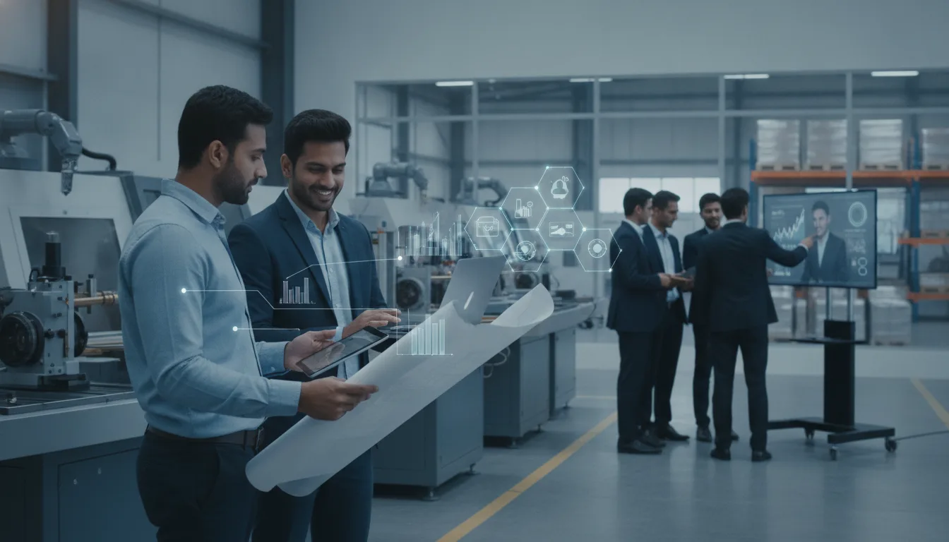 Sales professionals and industrial managers coordinate B2B buyer outreach at a manufacturing facility.