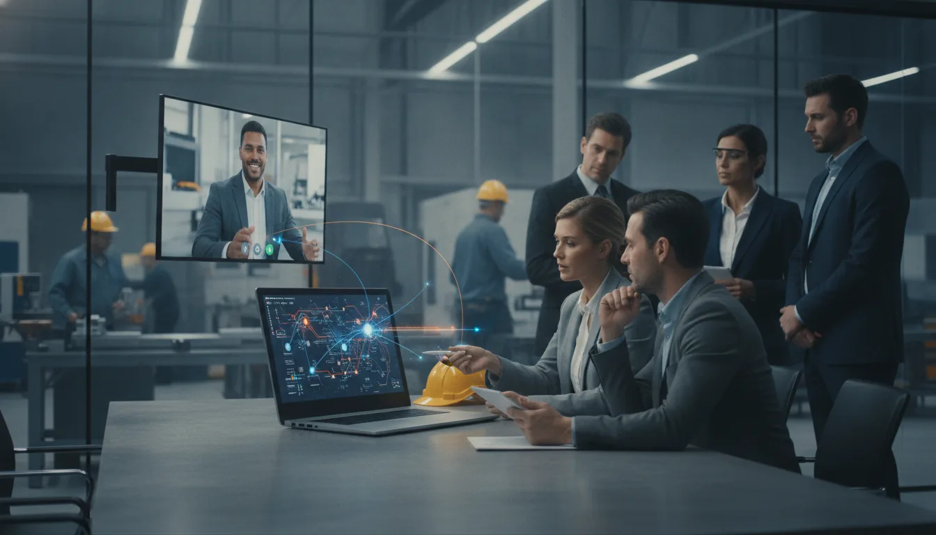 Sales specialist and industrial manager reviewing prospect accounts beside a working factory floor.