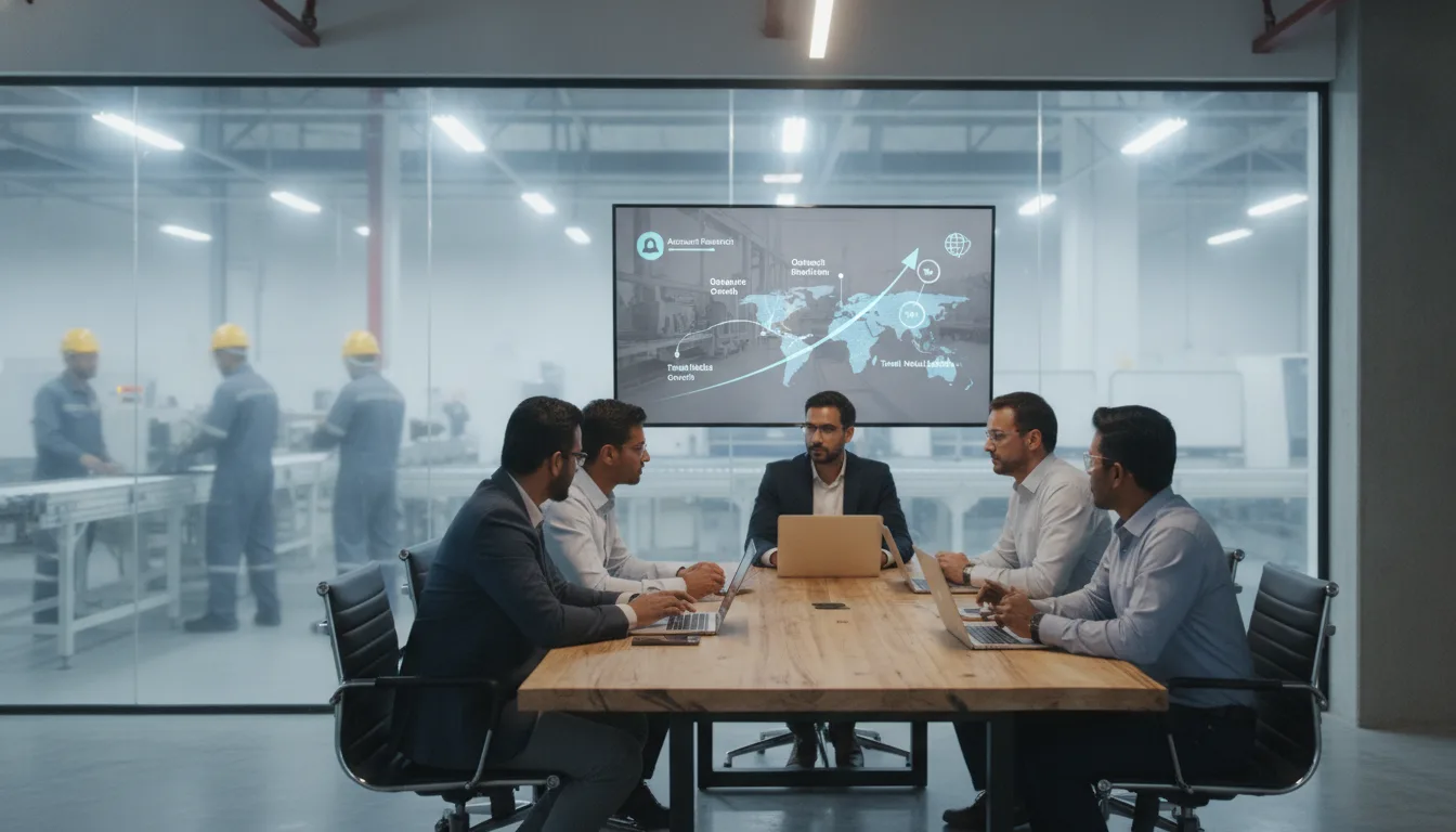 Sales specialists and industrial managers collaborate on account outreach beside a manufacturing facility.