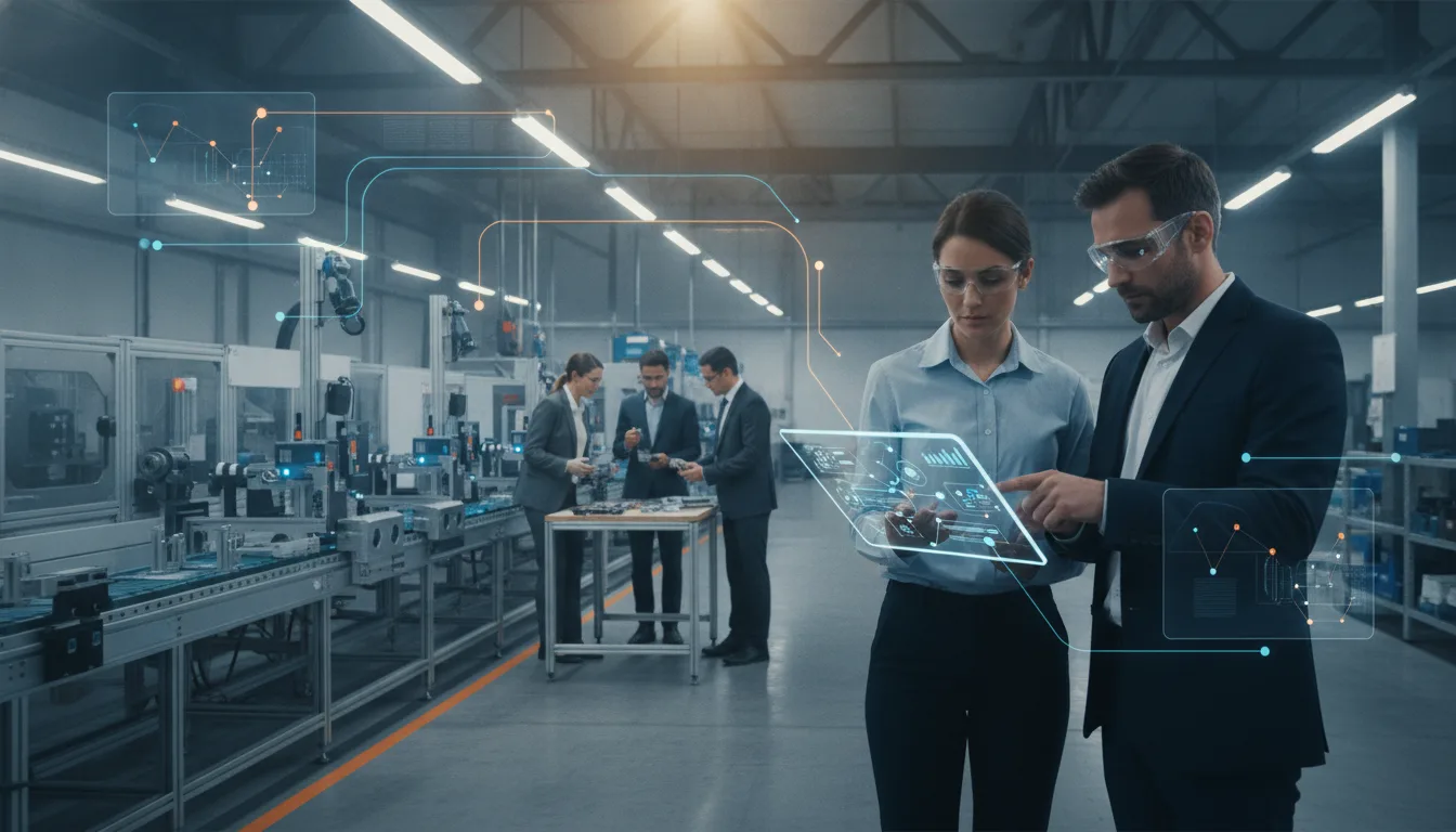 Manufacturing and sales professionals review prospective industrial accounts beside a production line.