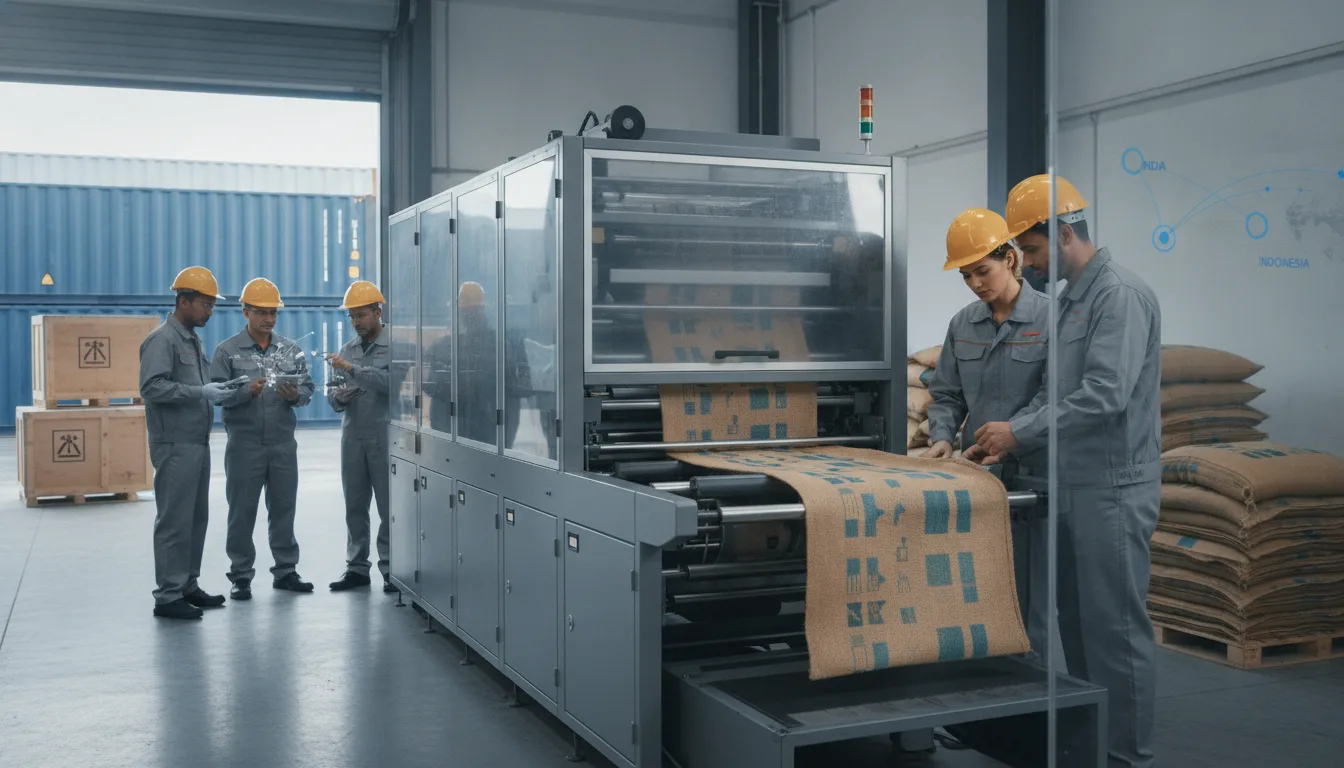 Business buyers inspect a flexographic machine printing jute bags in an export-ready factory.
