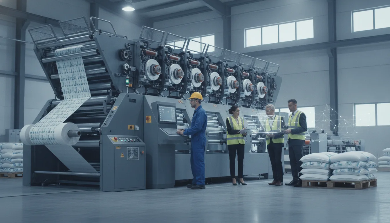 Technician monitors a flexographic press printing woven material for industrial sacks.