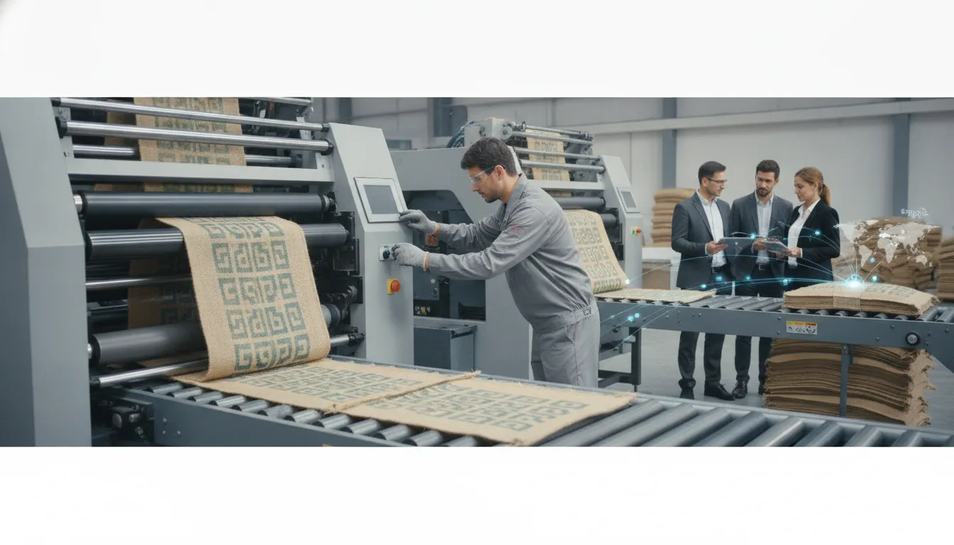Technician monitoring a flexographic machine printing woven jute bags in a factory.