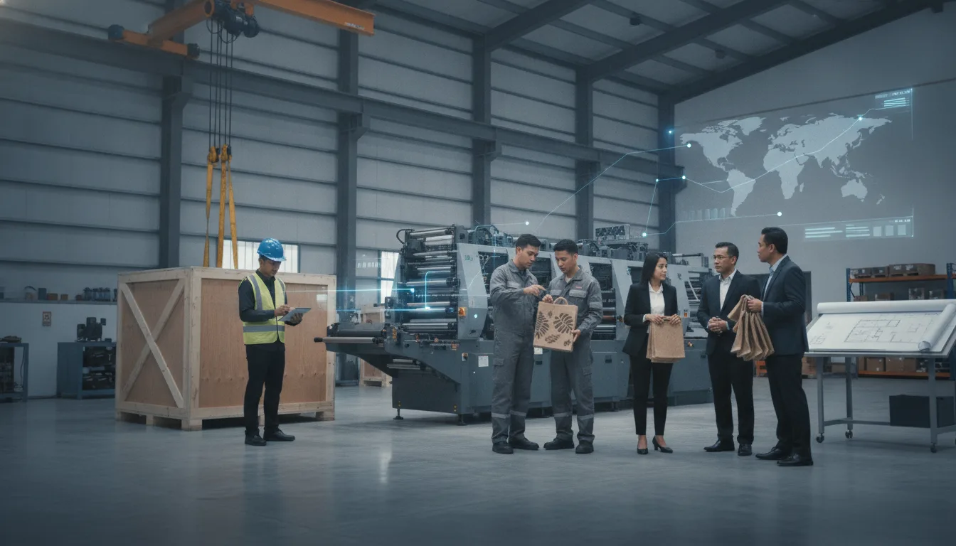 Technicians inspect a jute bag printing press prepared for export packing and factory installation.