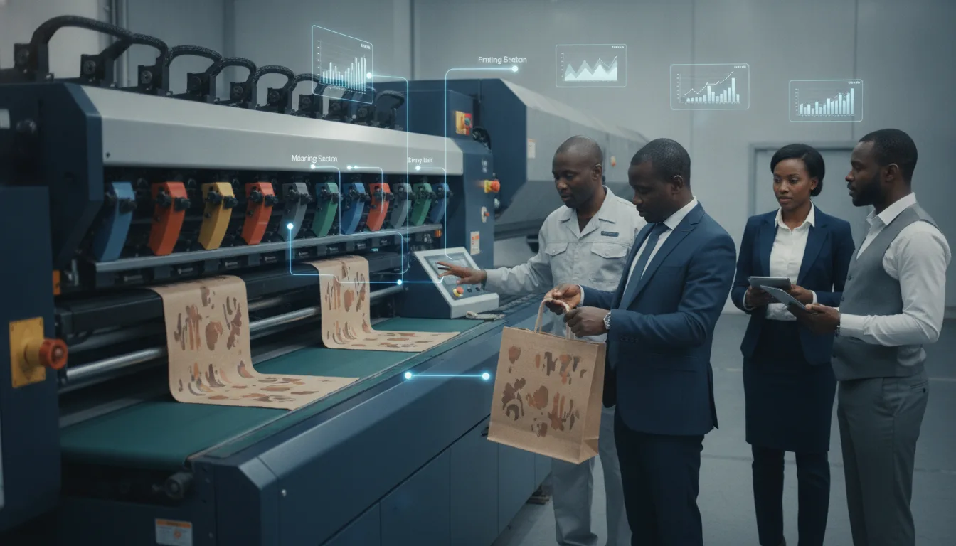 Buyer and technician inspect a flexographic press printing natural jute bags in a factory.