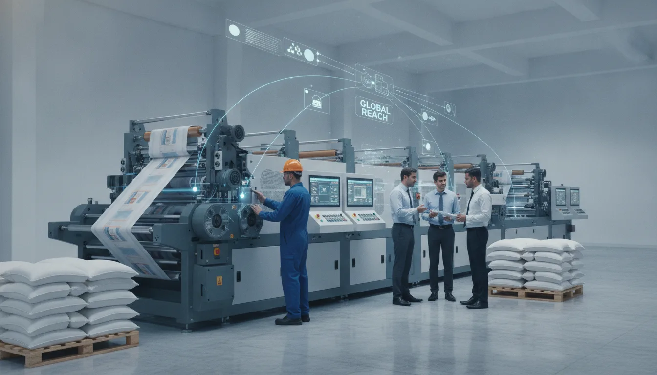 Technician operating printing and cutting equipment for woven industrial sack production.